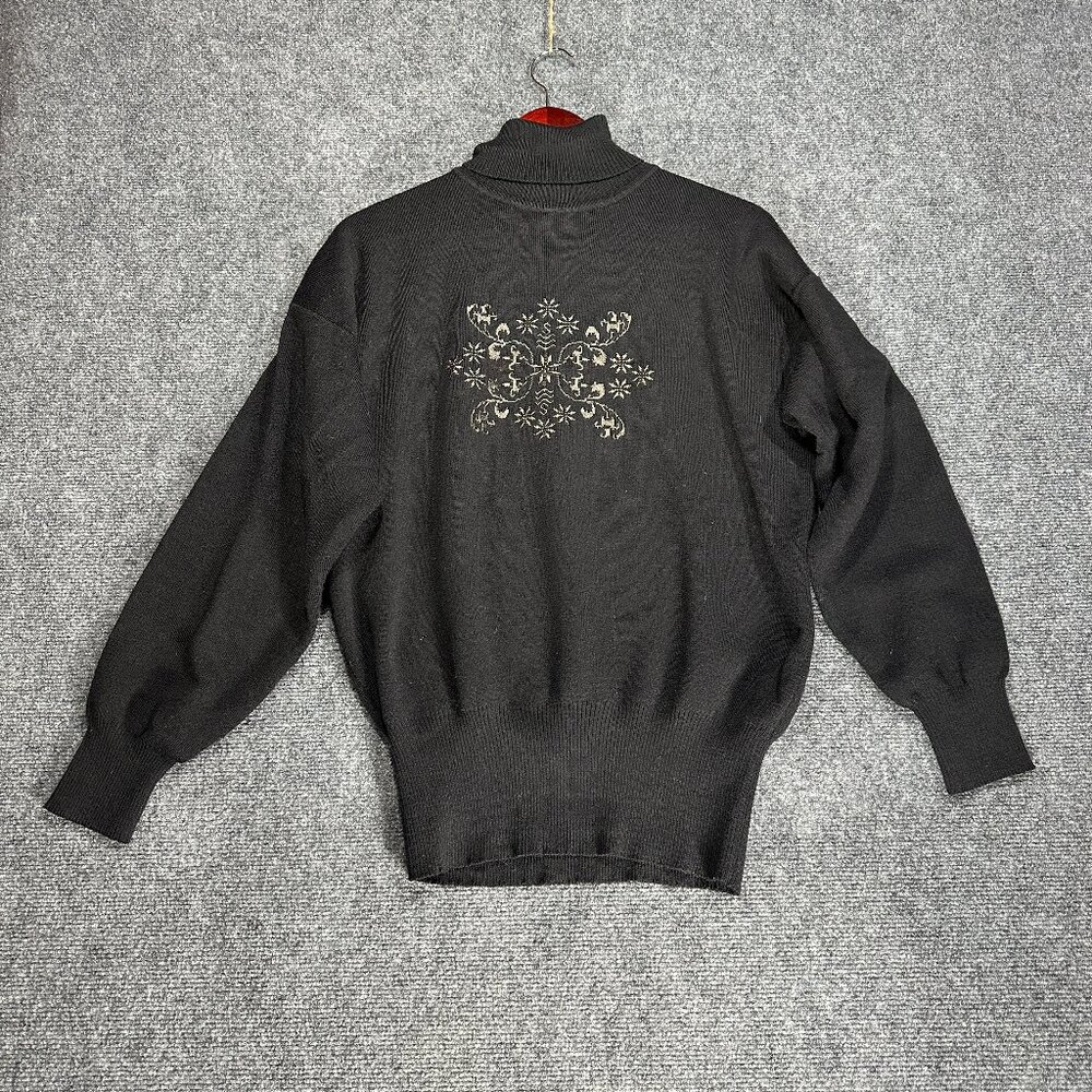 Vintage Meister Sweater Womens Large Turtleneck  Black Wool Blend Embroidered